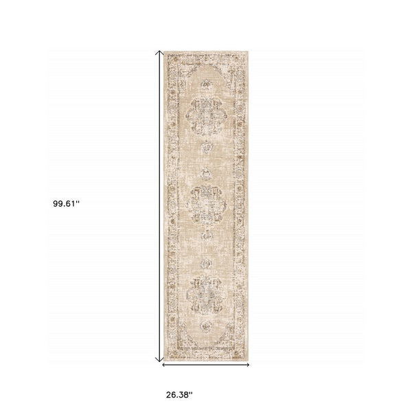 HomeRoots 8' Beige and Ivory Medallion Runner Rug - Distressed Floral Design for Elegant Hallways & Entryways 2'3" x 8' 383637