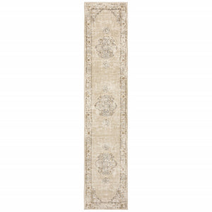 HomeRoots 8' Beige and Ivory Medallion Runner Rug - Distressed Floral Design for Elegant Hallways & Entryways 2'6" x 12' 383638