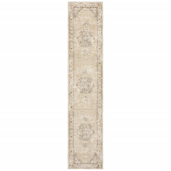 HomeRoots 8' Beige and Ivory Medallion Runner Rug - Distressed Floral Design for Elegant Hallways & Entryways 2'6" x 12' 383638
