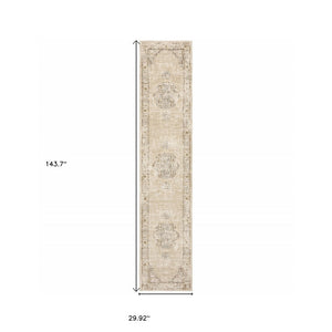 HomeRoots 8' Beige and Ivory Medallion Runner Rug - Distressed Floral Design for Elegant Hallways & Entryways 2'6" x 12' 383638