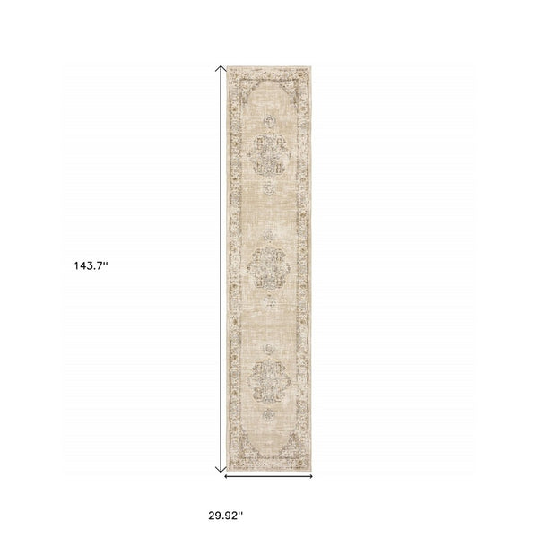 HomeRoots 8' Beige and Ivory Medallion Runner Rug - Distressed Floral Design for Elegant Hallways & Entryways 2'6" x 12' 383638