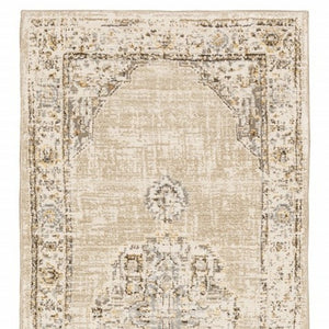 HomeRoots 8' Beige and Ivory Medallion Runner Rug - Distressed Floral Design for Elegant Hallways & Entryways 2'6" x 12' 383638