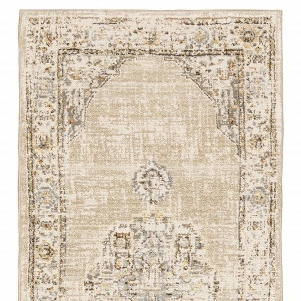 HomeRoots 8' Beige and Ivory Medallion Runner Rug - Distressed Floral Design for Elegant Hallways & Entryways 2'6" x 12' 383638