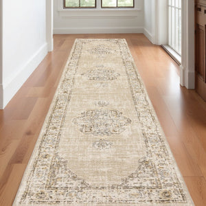 HomeRoots 8' Beige and Ivory Medallion Runner Rug - Distressed Floral Design for Elegant Hallways & Entryways 2'6" x 12' 383638