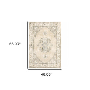 HomeRoots 8' Beige and Ivory Medallion Runner Rug - Distressed Floral Design for Elegant Hallways & Entryways 3'3" x 5'2" 383639