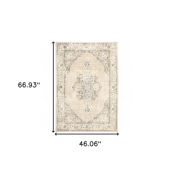 HomeRoots 8' Beige and Ivory Medallion Runner Rug - Distressed Floral Design for Elegant Hallways & Entryways 3'3" x 5'2" 383639
