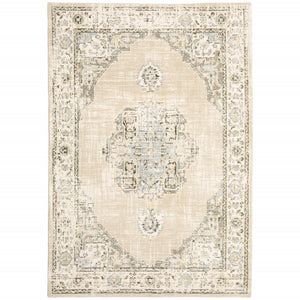 HomeRoots 8' Beige and Ivory Medallion Runner Rug - Distressed Floral Design for Elegant Hallways & Entryways 5'3" x 7'3" 383640