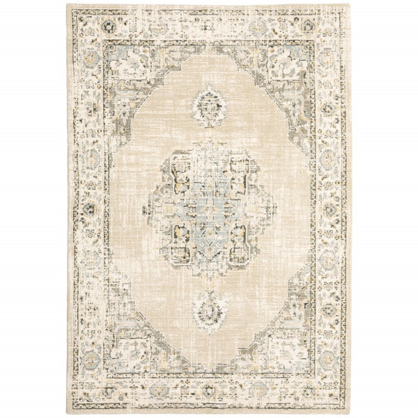 HomeRoots 8' Beige and Ivory Medallion Runner Rug - Distressed Floral Design for Elegant Hallways & Entryways 5'3" x 7'3" 383640
