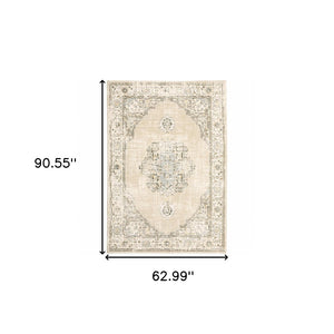 HomeRoots 8' Beige and Ivory Medallion Runner Rug - Distressed Floral Design for Elegant Hallways & Entryways 5'3" x 7'3" 383640
