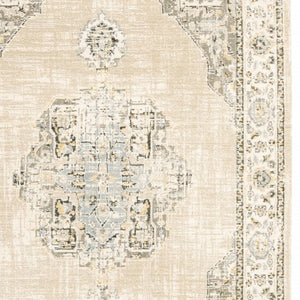 HomeRoots 8' Beige and Ivory Medallion Runner Rug - Distressed Floral Design for Elegant Hallways & Entryways 5'3" x 7'3" 383640