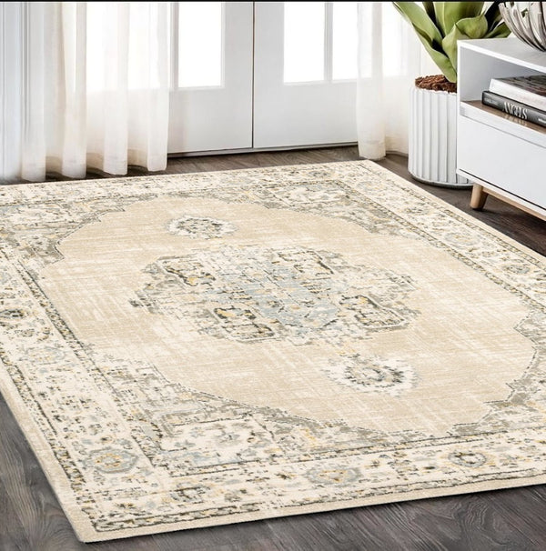 HomeRoots 8' Beige and Ivory Medallion Runner Rug - Distressed Floral Design for Elegant Hallways & Entryways 5'3" x 7'3" 383640