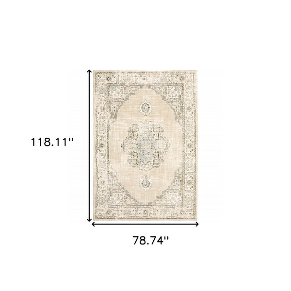HomeRoots 8' Beige and Ivory Medallion Runner Rug - Distressed Floral Design for Elegant Hallways & Entryways 6'7" x 9'6" 383641