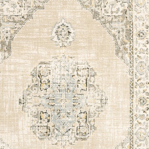 HomeRoots 8' Beige and Ivory Medallion Runner Rug - Distressed Floral Design for Elegant Hallways & Entryways 6'7" x 9'6" 383641