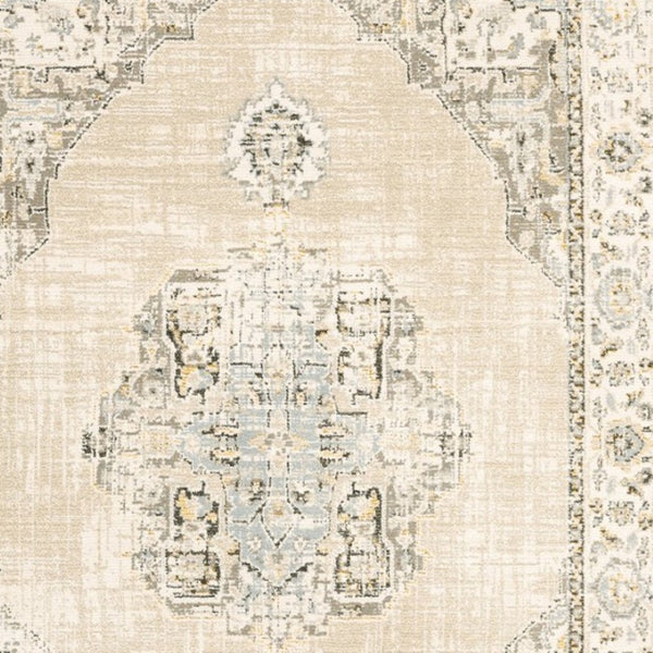 HomeRoots 8' Beige and Ivory Medallion Runner Rug - Distressed Floral Design for Elegant Hallways & Entryways 6'7" x 9'6" 383641