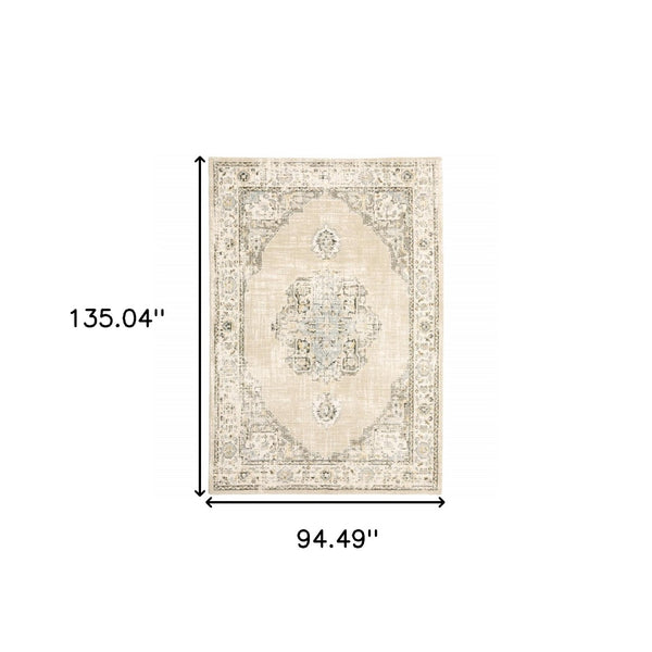 HomeRoots 8' Beige and Ivory Medallion Runner Rug - Distressed Floral Design for Elegant Hallways & Entryways 7'10" x 10'10" 383642