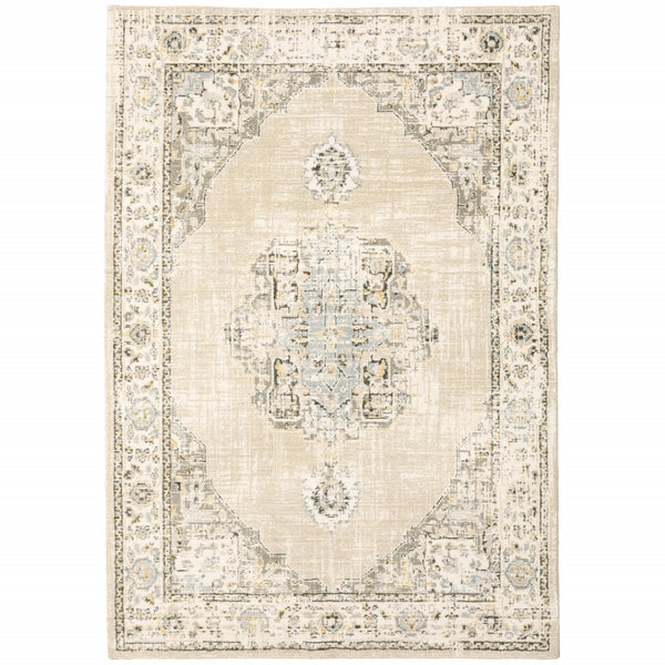 HomeRoots 8' Beige and Ivory Medallion Runner Rug - Distressed Floral Design for Elegant Hallways & Entryways 7'10" x 10'10" 383642