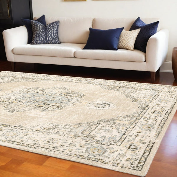 HomeRoots 8' Beige and Ivory Medallion Runner Rug - Distressed Floral Design for Elegant Hallways & Entryways 7'10" x 10'10" 383642