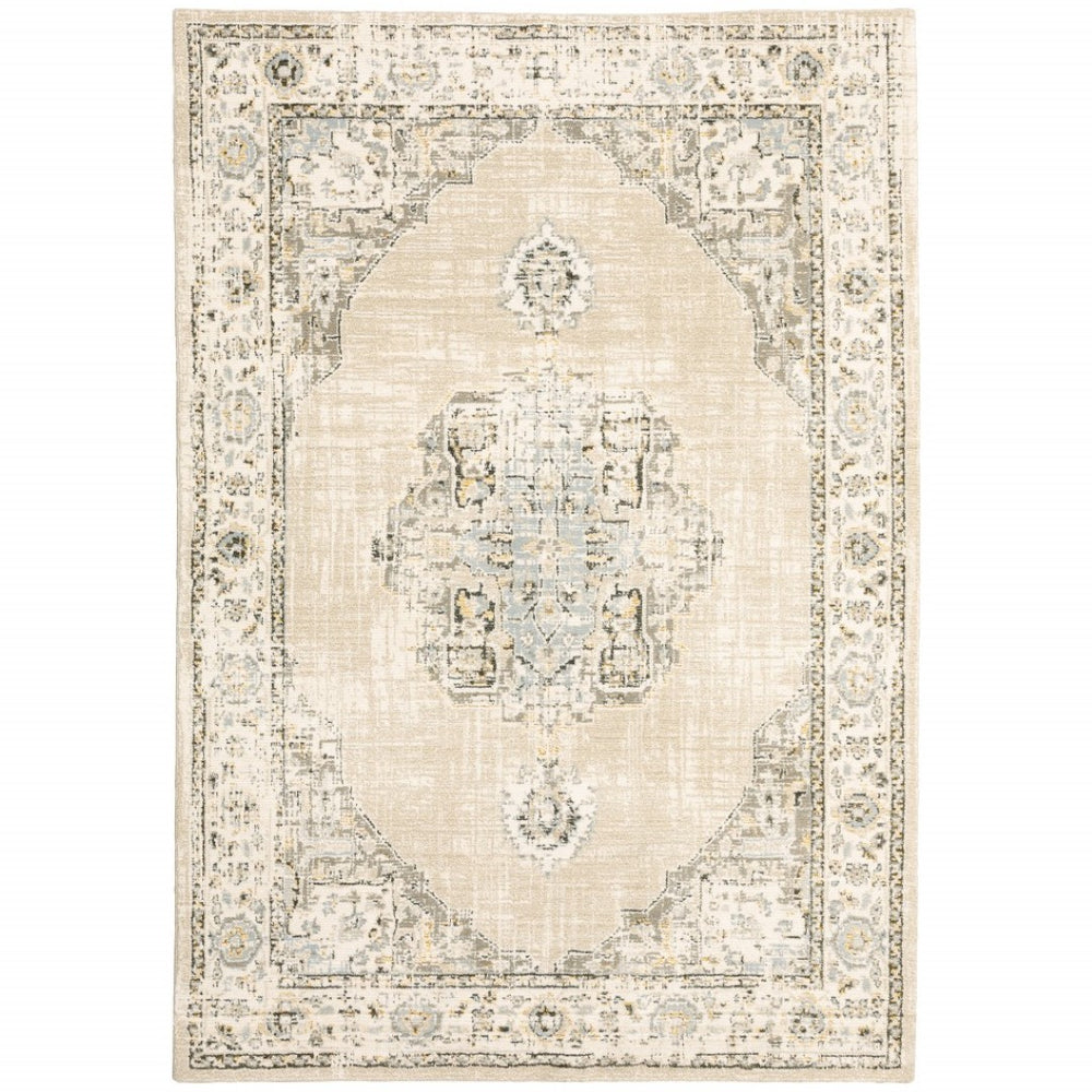 HomeRoots 8' Beige and Ivory Medallion Runner Rug - Distressed Floral Design for Elegant Hallways & Entryways 8'6" x 11'7" 383643