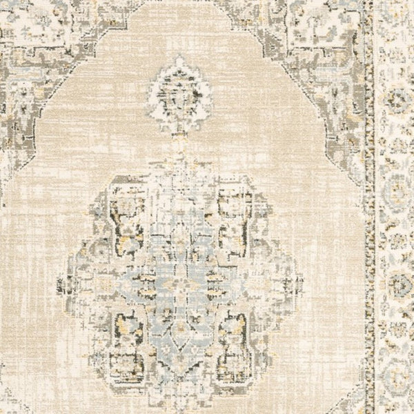 HomeRoots 8' Beige and Ivory Medallion Runner Rug - Distressed Floral Design for Elegant Hallways & Entryways 8'6" x 11'7" 383643