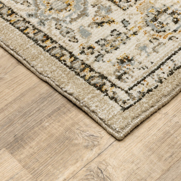 HomeRoots 8' Beige and Ivory Medallion Runner Rug - Distressed Floral Design for Elegant Hallways & Entryways 10' x 13'2" 383644