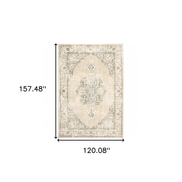 HomeRoots 8' Beige and Ivory Medallion Runner Rug - Distressed Floral Design for Elegant Hallways & Entryways 10' x 13'2" 383644