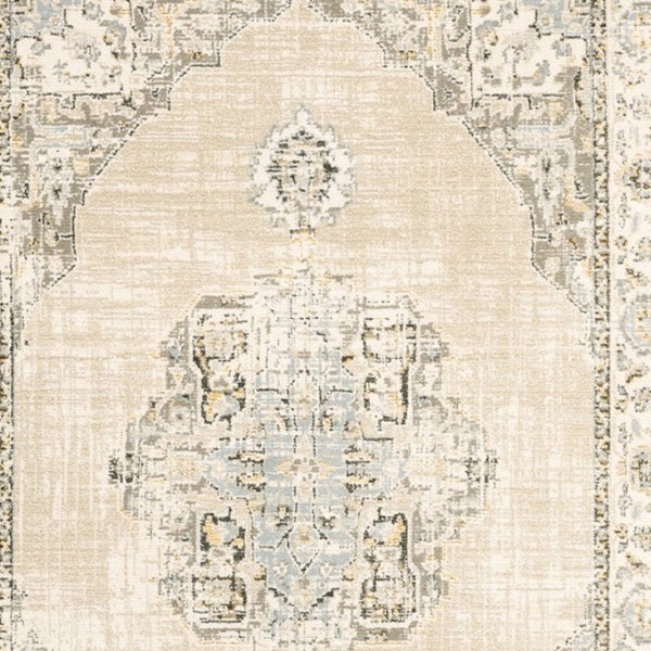 HomeRoots 8' Beige and Ivory Medallion Runner Rug - Distressed Floral Design for Elegant Hallways & Entryways 10' x 13'2" 383644