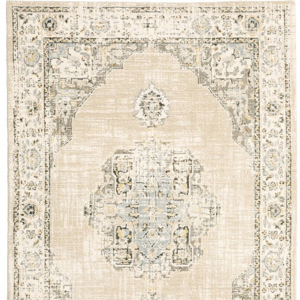 HomeRoots 8' Beige and Ivory Medallion Runner Rug - Distressed Floral Design for Elegant Hallways & Entryways 10' x 13'2" 383644