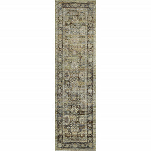 HomeRoots 2' Vintage-Inspired Floral Runner Rug - Timeless Green and Brown Design for Hallways and Entryways 2'3" x 8' 383646