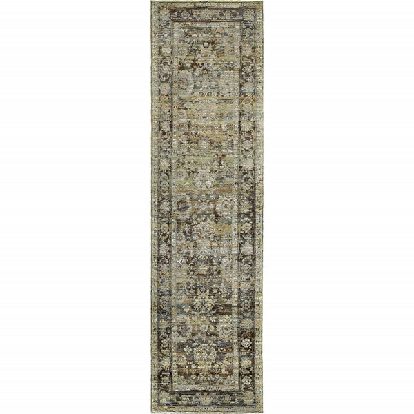 HomeRoots 2' Vintage-Inspired Floral Runner Rug - Timeless Green and Brown Design for Hallways and Entryways 2'3" x 8' 383646