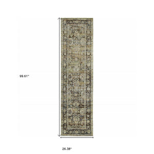 HomeRoots 2' Vintage-Inspired Floral Runner Rug - Timeless Green and Brown Design for Hallways and Entryways 2'3" x 8' 383646