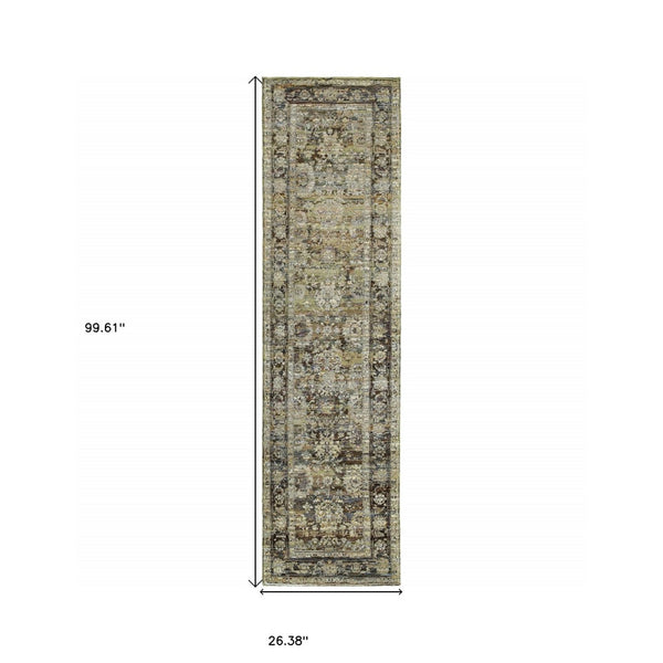 HomeRoots 2' Vintage-Inspired Floral Runner Rug - Timeless Green and Brown Design for Hallways and Entryways 2'3" x 8' 383646