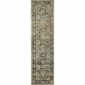 HomeRoots 2' Vintage-Inspired Floral Runner Rug - Timeless Green and Brown Design for Hallways and Entryways 2'3" x 8' 383646