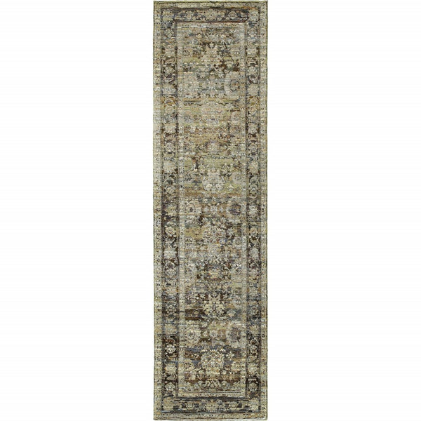 HomeRoots 2' Vintage-Inspired Floral Runner Rug - Timeless Green and Brown Design for Hallways and Entryways 2'3" x 8' 383646