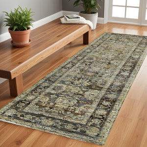 HomeRoots 2' Vintage-Inspired Floral Runner Rug - Timeless Green and Brown Design for Hallways and Entryways 2'3" x 8' 383646