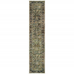 HomeRoots 2' Vintage-Inspired Floral Runner Rug - Timeless Green and Brown Design for Hallways and Entryways 2'6" x 12' 383647