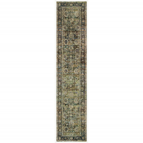 HomeRoots 2' Vintage-Inspired Floral Runner Rug - Timeless Green and Brown Design for Hallways and Entryways 2'6" x 12' 383647