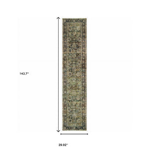 HomeRoots 2' Vintage-Inspired Floral Runner Rug - Timeless Green and Brown Design for Hallways and Entryways 2'6" x 12' 383647