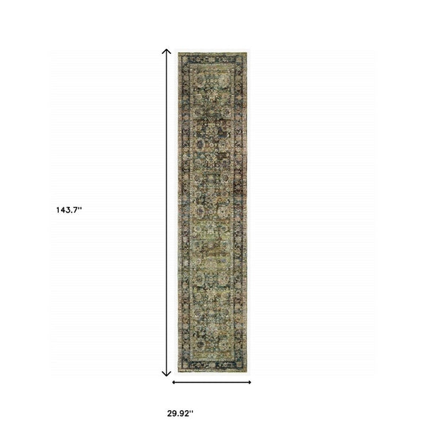 HomeRoots 2' Vintage-Inspired Floral Runner Rug - Timeless Green and Brown Design for Hallways and Entryways 2'6" x 12' 383647