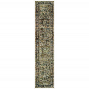 HomeRoots 2' Vintage-Inspired Floral Runner Rug - Timeless Green and Brown Design for Hallways and Entryways 2'6" x 12' 383647