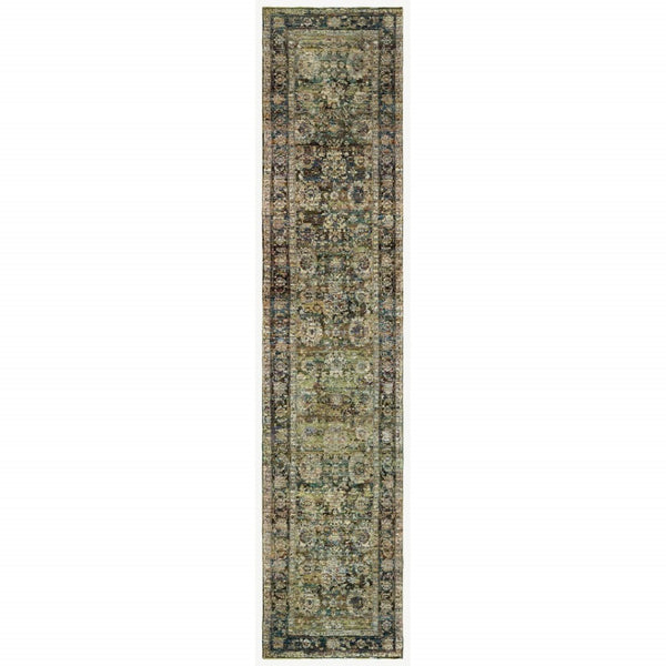 HomeRoots 2' Vintage-Inspired Floral Runner Rug - Timeless Green and Brown Design for Hallways and Entryways 2'6" x 12' 383647