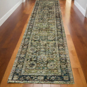 HomeRoots 2' Vintage-Inspired Floral Runner Rug - Timeless Green and Brown Design for Hallways and Entryways 2'6" x 12' 383647