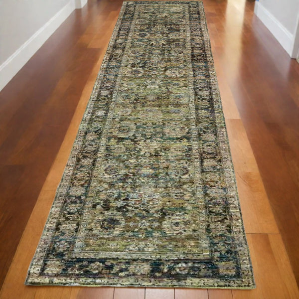 HomeRoots 2' Vintage-Inspired Floral Runner Rug - Timeless Green and Brown Design for Hallways and Entryways 2'6" x 12' 383647