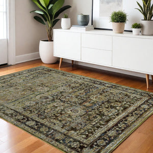 HomeRoots 2' Vintage-Inspired Floral Runner Rug - Timeless Green and Brown Design for Hallways and Entryways 3'3" x 5'2" 383648