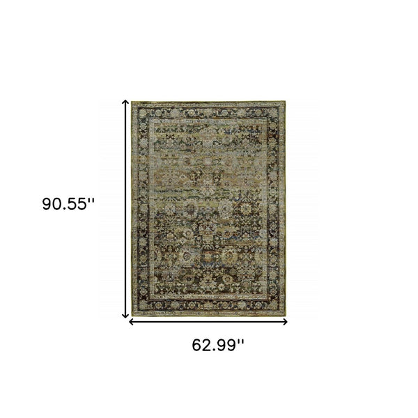 HomeRoots 2' Vintage-Inspired Floral Runner Rug - Timeless Green and Brown Design for Hallways and Entryways 5'3" x 7'3" 383649