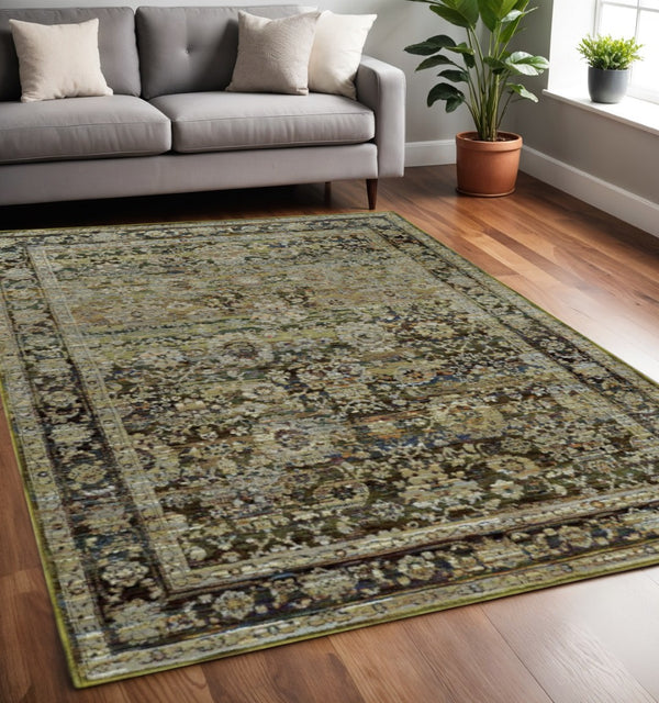 HomeRoots 2' Vintage-Inspired Floral Runner Rug - Timeless Green and Brown Design for Hallways and Entryways 5'3" x 7'3" 383649