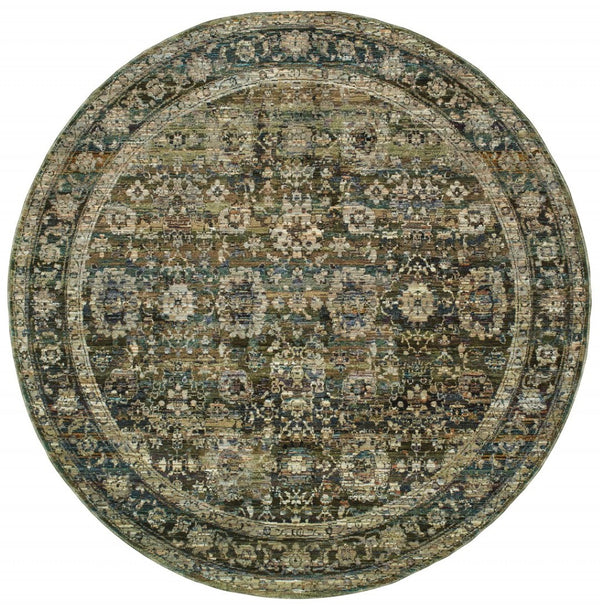 HomeRoots 2' Vintage-Inspired Floral Runner Rug - Timeless Green and Brown Design for Hallways and Entryways 7'10" Round 383652