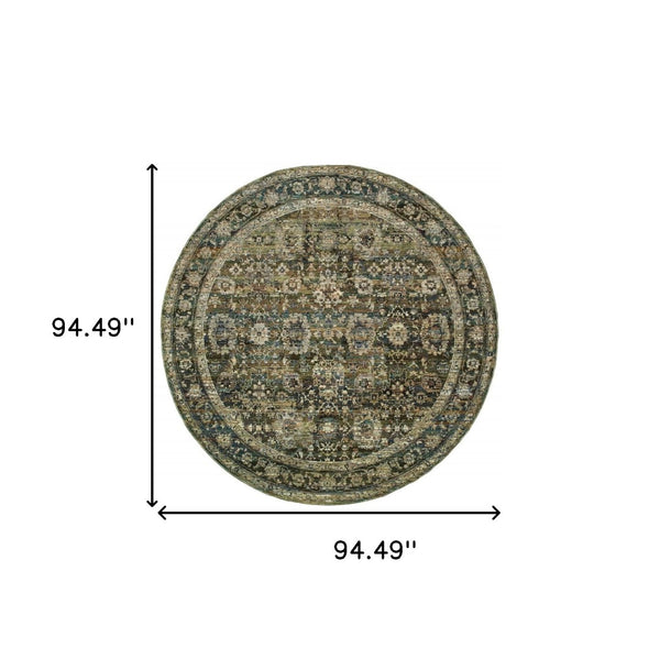 HomeRoots 2' Vintage-Inspired Floral Runner Rug - Timeless Green and Brown Design for Hallways and Entryways 7'10" Round 383652