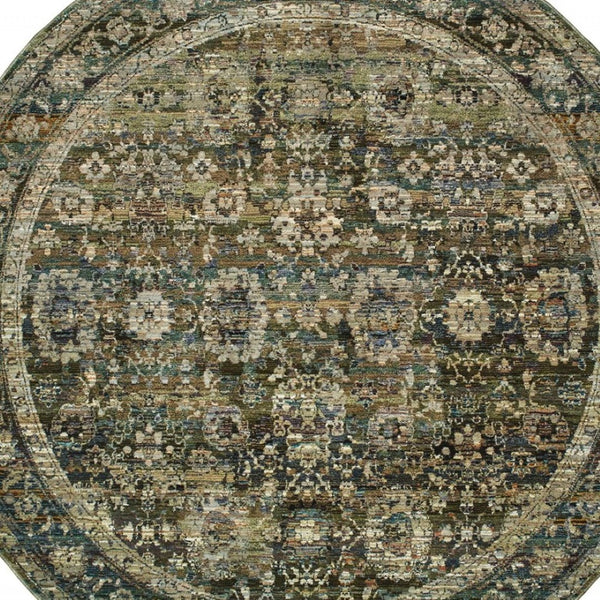 HomeRoots 2' Vintage-Inspired Floral Runner Rug - Timeless Green and Brown Design for Hallways and Entryways 7'10" Round 383652