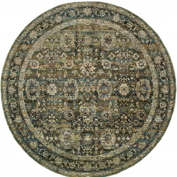 HomeRoots 2' Vintage-Inspired Floral Runner Rug - Timeless Green and Brown Design for Hallways and Entryways 7'10" Round 383652