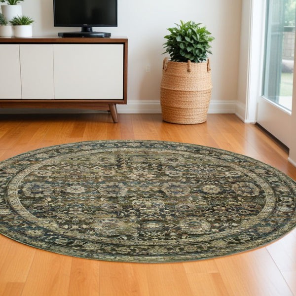 HomeRoots 2' Vintage-Inspired Floral Runner Rug - Timeless Green and Brown Design for Hallways and Entryways 7'10" Round 383652